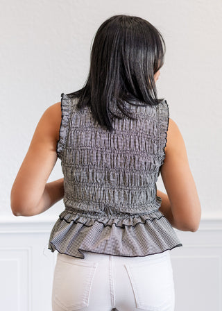 Mini Gingham Peplum Top in Black