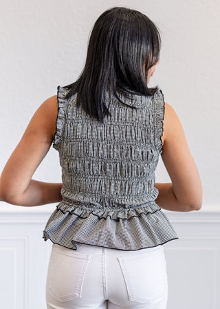 Mini Gingham Peplum Top in Black