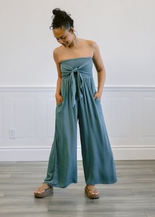 Front Tie Tank Top Jumpsuit in Sage Green