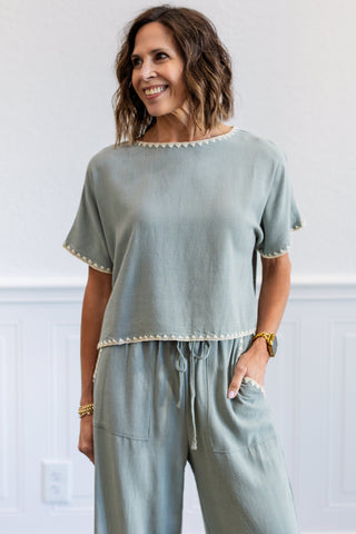 Linen Blend Dolman Top in Sage Blue