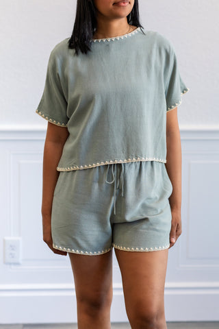 Linen Blend Dolman Top in Sage Blue