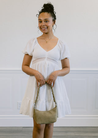 White V-Neck Smock Dress