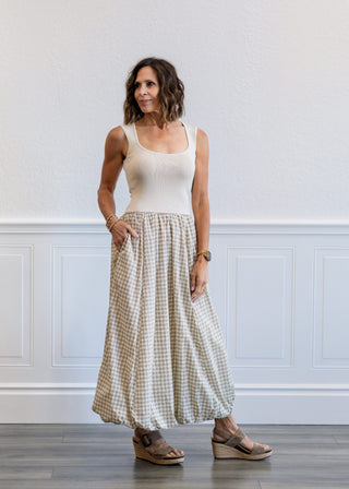 Balloon Plaid Midi Dress in Cream