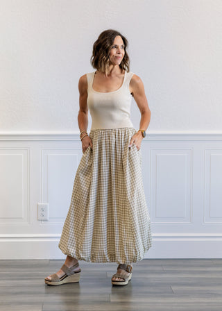 Balloon Plaid Midi Dress in Cream