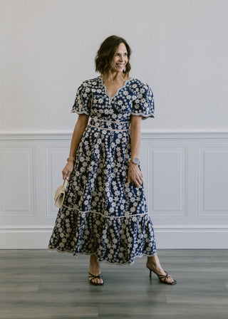 Embroidered Scallop Detail Dress in Navy