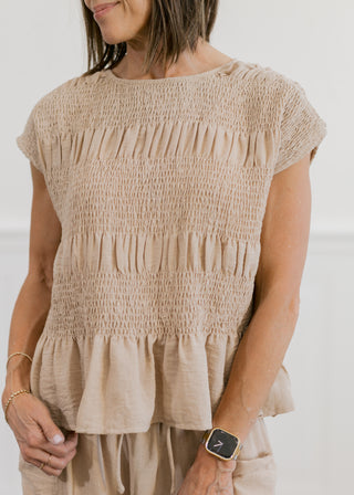 Ruched Crew Neck Top in Taupe