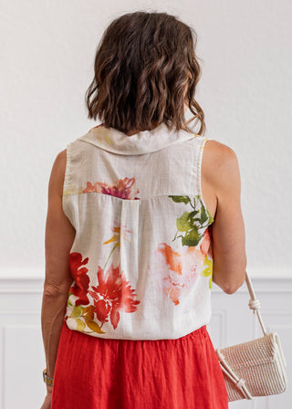 Watercolor Floral Print Sleeveless Top in White Red