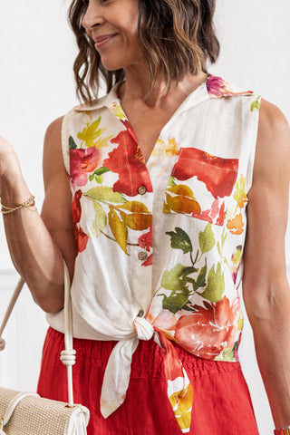 Watercolor Floral Print Sleeveless Top in White Red