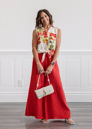Linen Smocked Waist Palazzo Pants in Red Flame