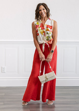 Linen Smocked Waist Palazzo Pants in Red Flame
