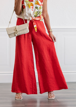 Linen Smocked Waist Palazzo Pants in Red Flame