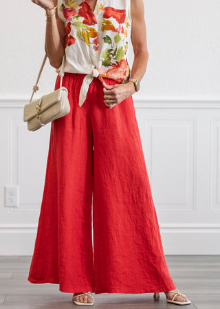 Linen Smocked Waist Palazzo Pants in Red Flame