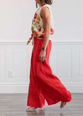 Linen Smocked Waist Palazzo Pants in Red Flame