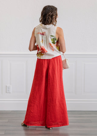 Linen Smocked Waist Palazzo Pants in Red Flame