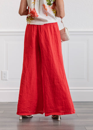 Linen Smocked Waist Palazzo Pants in Red Flame