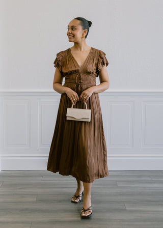 Shania Pleated Midi Dress in Chocolate