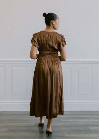 Shania Pleated Midi Dress in Chocolate