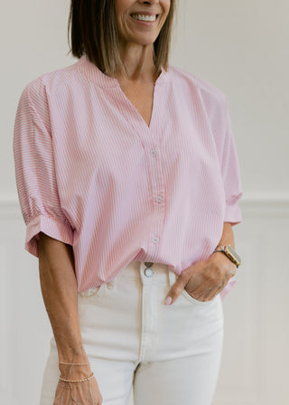 China Collar Stripe Button Down Top