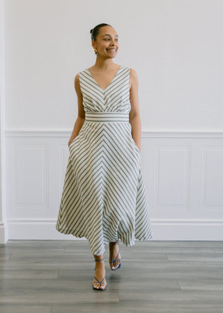 Fit and Flare Stripe Midi Dress in Green