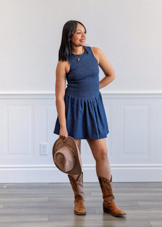 Smocked Bodice Denim Dress in Indigo