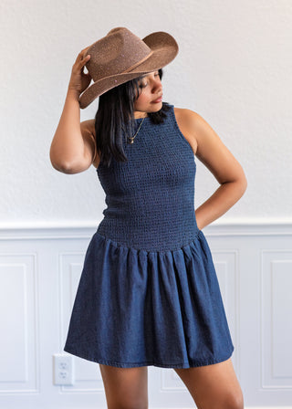 Smocked Bodice Denim Dress in Indigo