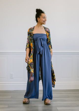 Front Tie Tank Top Jumpsuit in Denim Blue