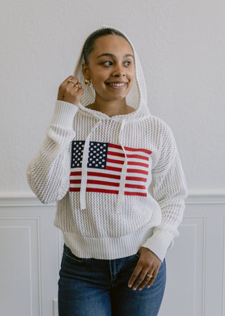 USA Flag Knit Hootie in White