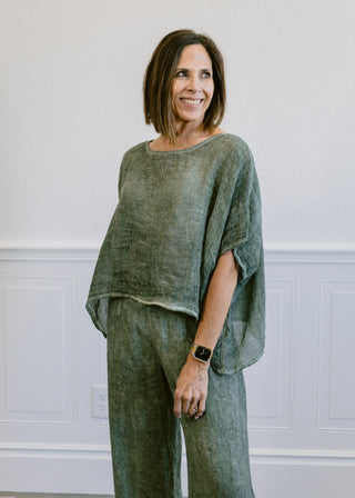 Italian Linen Pancho Top in Olive