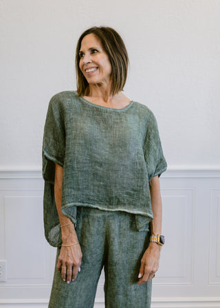 Italian Linen Pancho Top in Olive