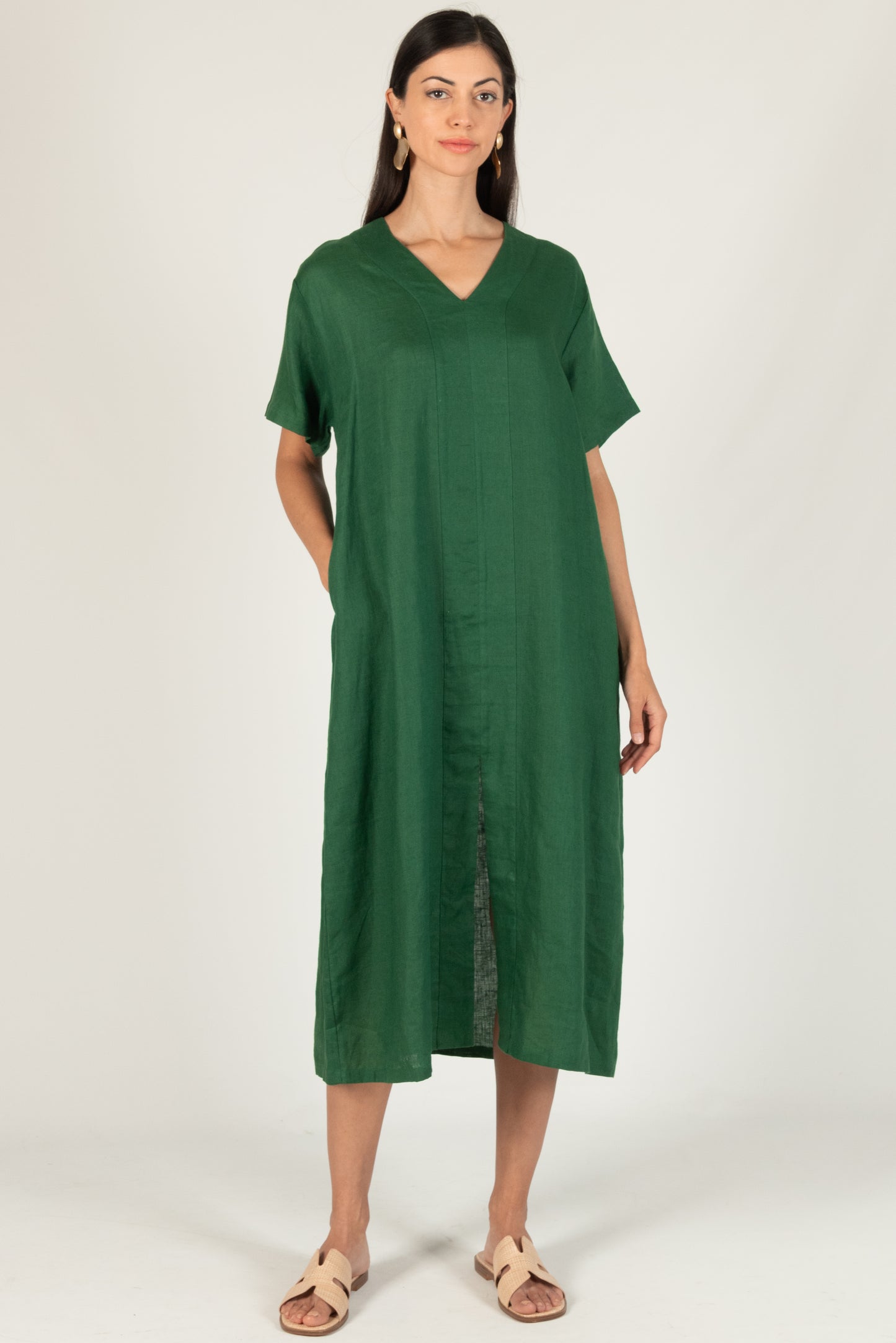 100% Linen Tracy Dress in Hunter