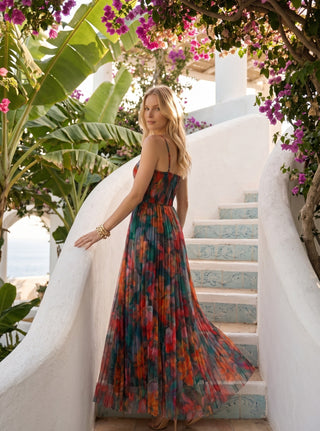 Pleated Floral Tulle Maxi Dress in Multi Orange