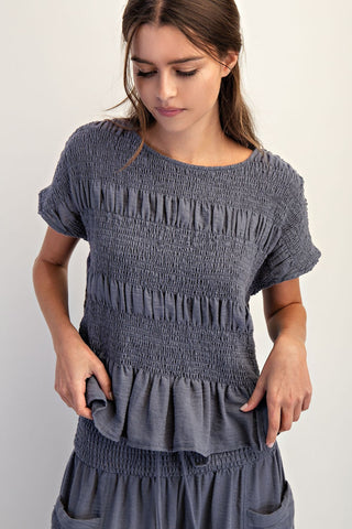 Ruched Crew Neck Top in Deep Blue