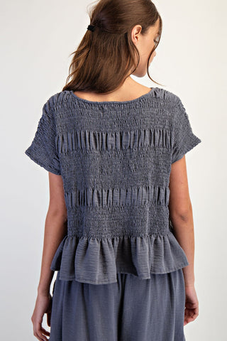 Ruched Crew Neck Top in Deep Blue