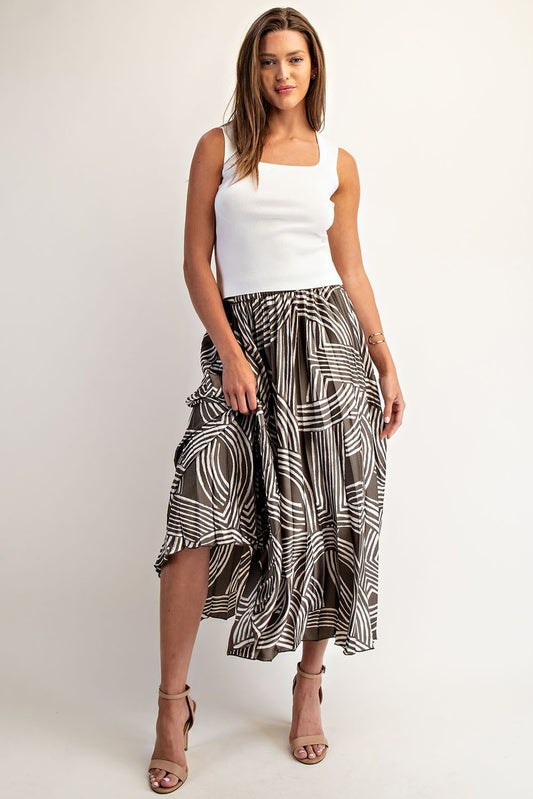 Abstract Print Pleated Midi Skirt in Olive Grove