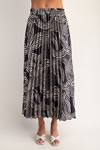 Abstract Print Pleated Midi Skirt in Gun Metal
