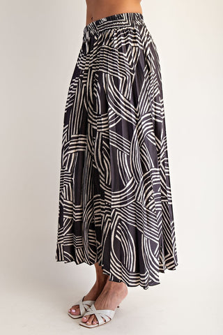 Abstract Print Pleated Midi Skirt in Gun Metal
