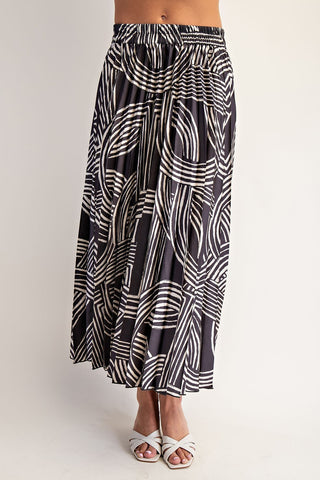 Abstract Print Pleated Midi Skirt in Gun Metal