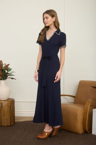 Navy Knit Midi Dress with Contrast Stitching