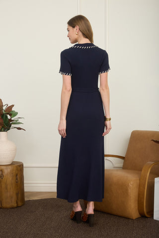 Navy Knit Midi Dress with Contrast Stitching