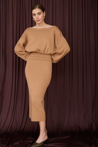 Ribbed Midi Dress in Camel