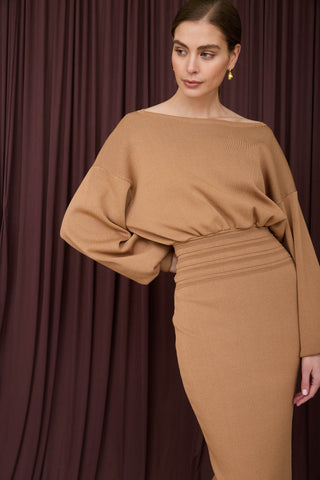 Ribbed Midi Dress in Camel