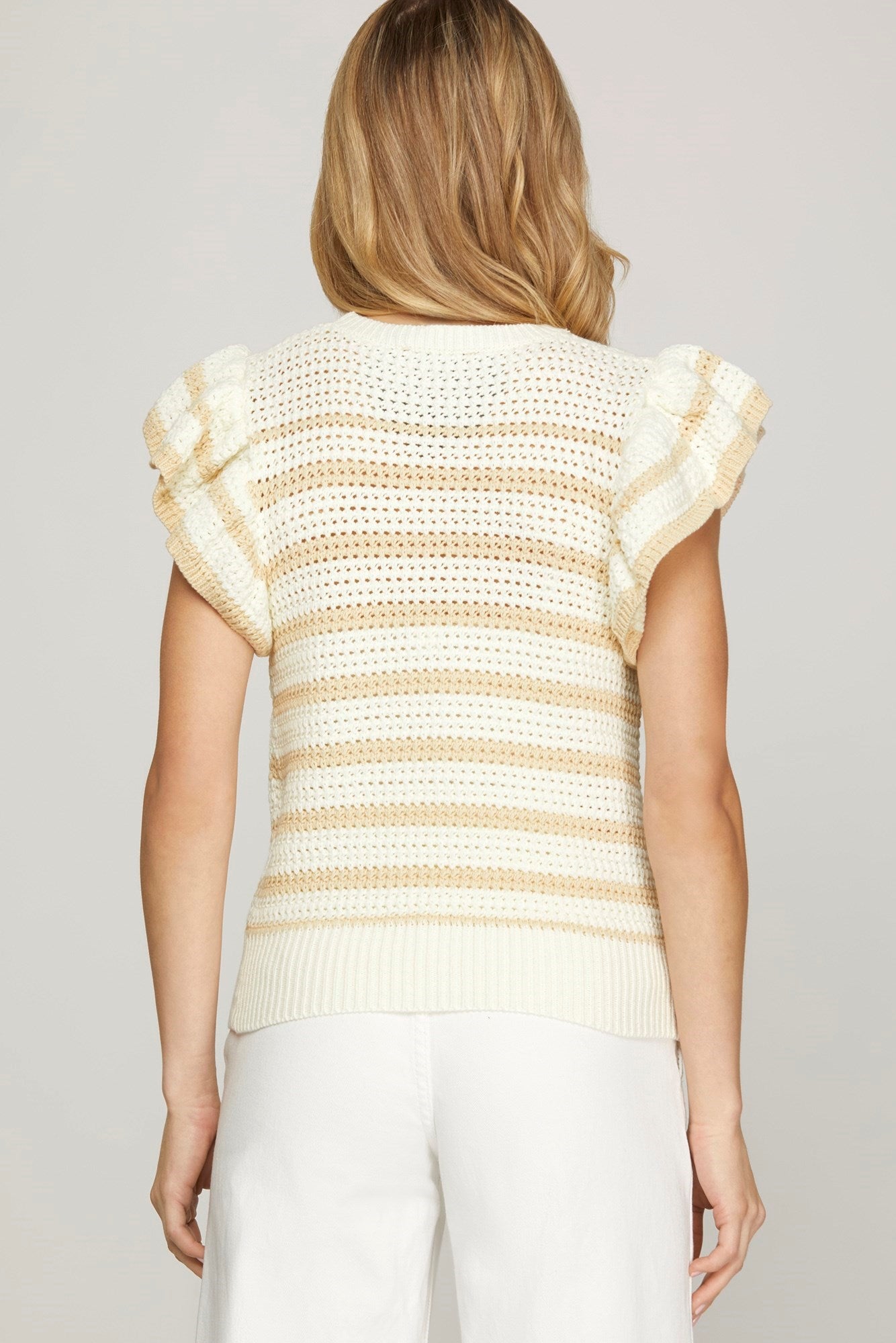 Crochet Flower Detail Sweater Top in Beige