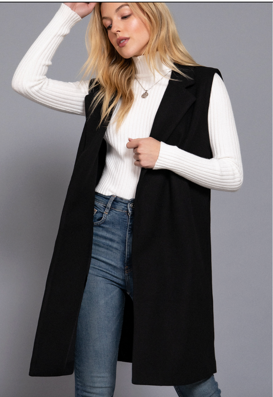 Notched Collar Long Vest in Black
