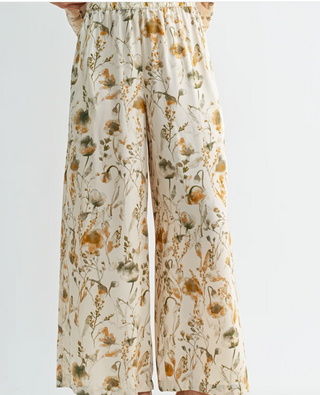 Flower Print Satin Wide Leg Pants