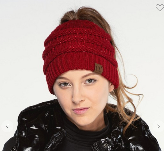 C.C. Pony Tail Beanie in Burgundy