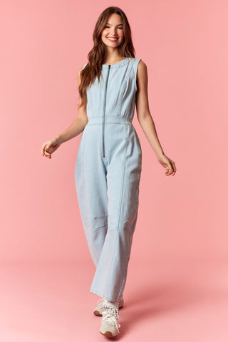 Sleeveless Zip Front Barrel Denim Jumpsuit