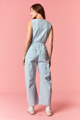 Sleeveless Zip Front Barrel Denim Jumpsuit