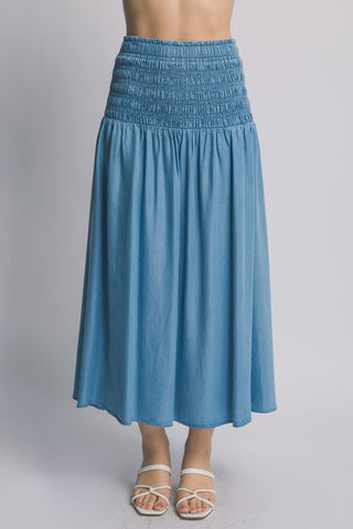 Smocked-Waist Midi Skirt or Dress in Light Denim