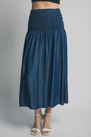 Smocked-Waist Midi Skirt in Dark Denim