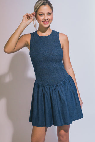 Smocked Bodice Denim Dress in Indigo